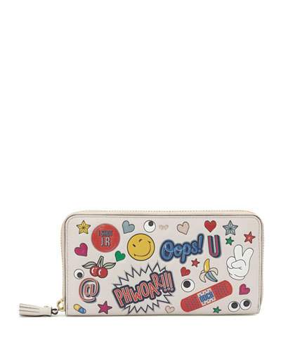 ANYA HINDMARCH ALL OVER WINK STICKER LARGE ZIP-AROUND WALLET, SILVER ...