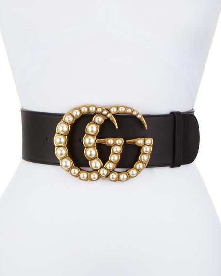 GUCCI Wide Leather Belt With Pearl Double G - Black Leather, Pearl, Black | ModeSens