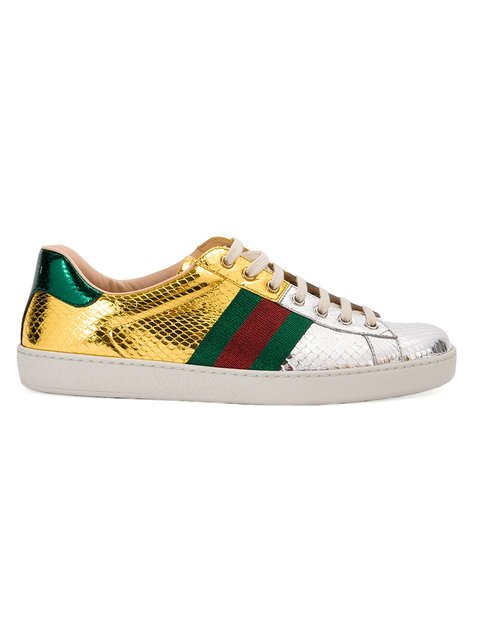 GUCCI NEW ACE METALLIC SNAKESKIN LACE UP SNEAKERS, SILVER/GLD/GRN ...