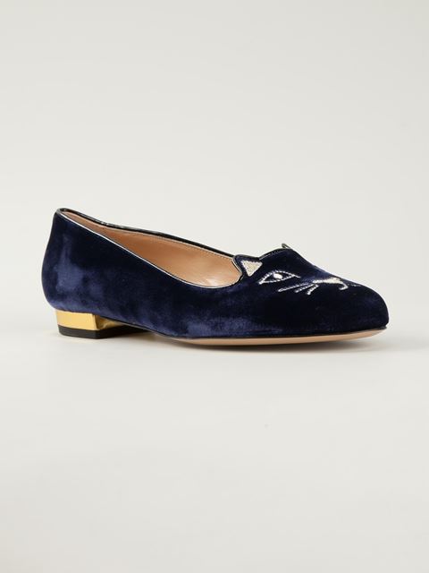 CHARLOTTE OLYMPIA Mid-Century Kitty Anthracite Velvet Pointy Flat in ...