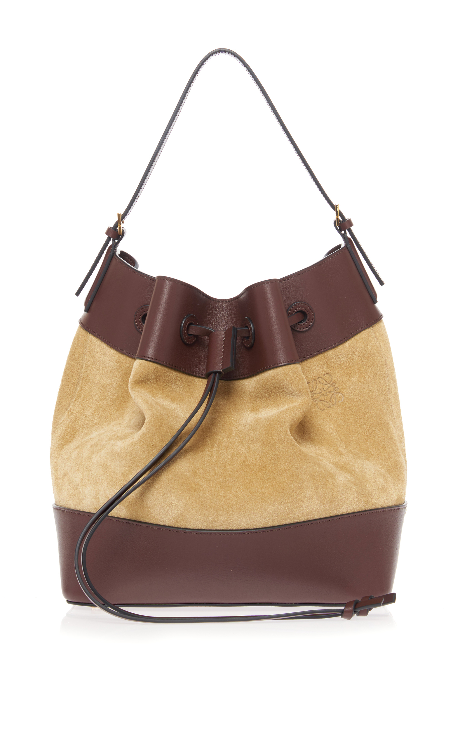 LOEWE MIDNIGHT SMOOTH LEATHER-TRIMMED SUEDE BUCKET BAG, BROWN | ModeSens