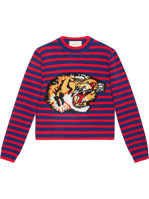 GUCCI BENGAL TIGER STRIPED INTARSIA JUMPER, RED AND BLUE STRIPED | ModeSens