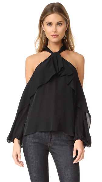 Kobi Halperin Adrienne Ruffled Cold-Shoulder Silk Blouse, Black | ModeSens