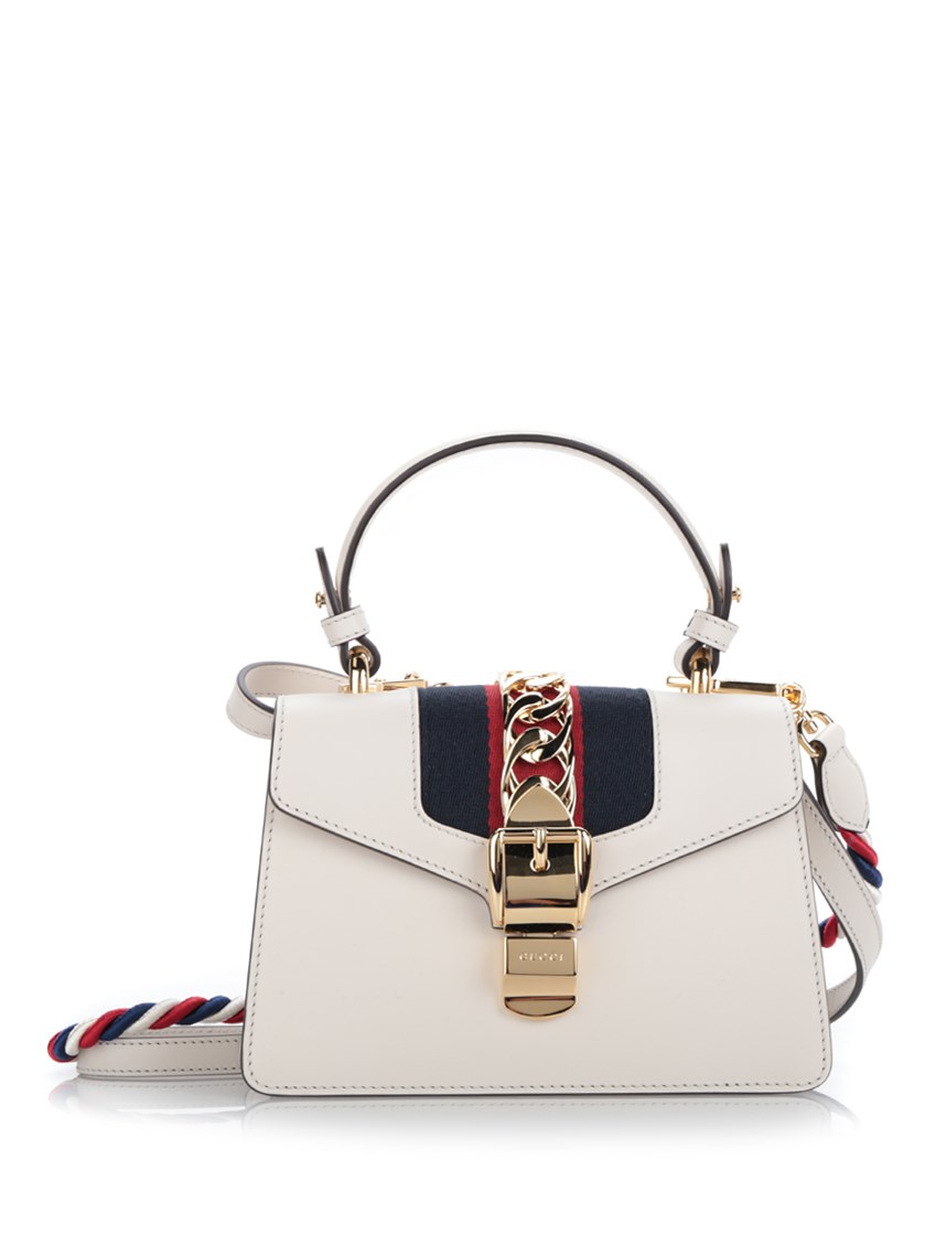 GUCCI Sylvie Mini ChainEmbellished Leather Shoulder Bag in White