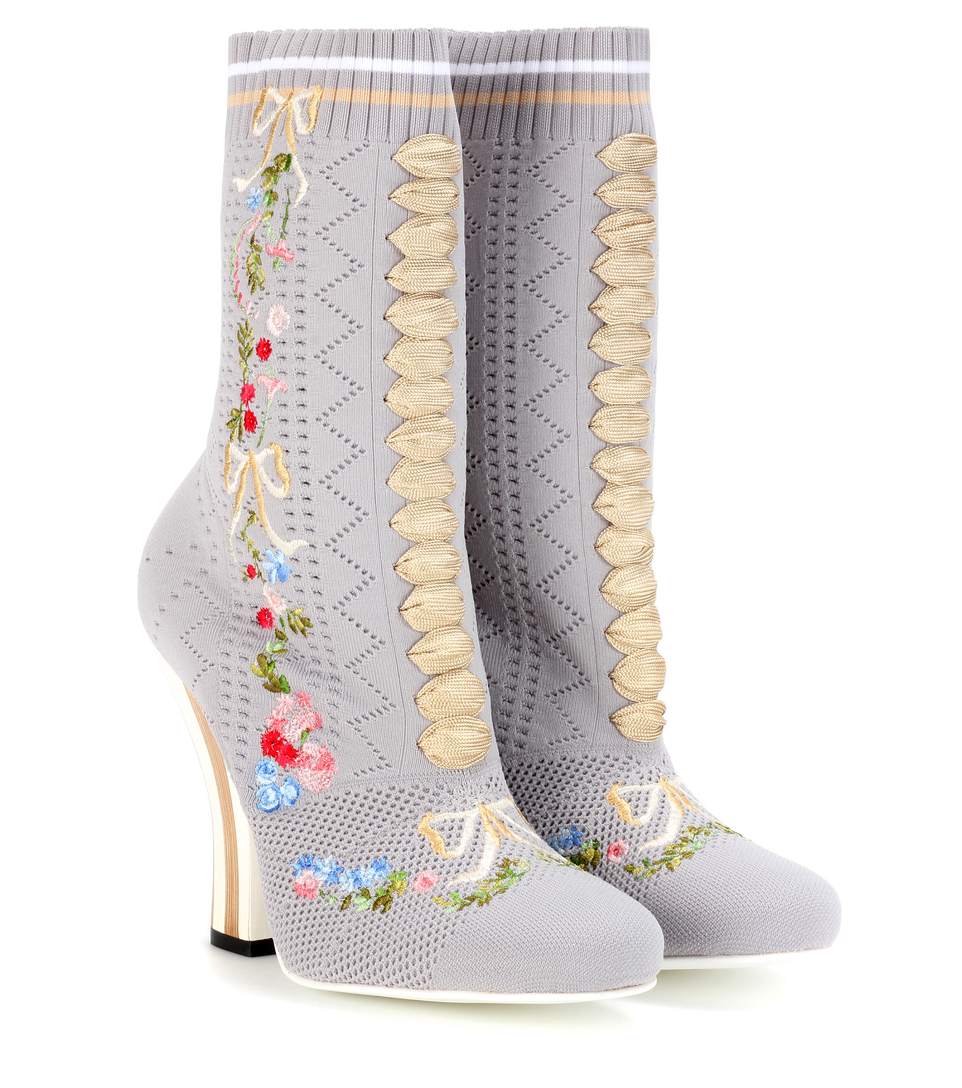 FENDI FLORALEMBROIDERED STRIPEDHEEL SOCK BOOTS, GREY MULTI ModeSens