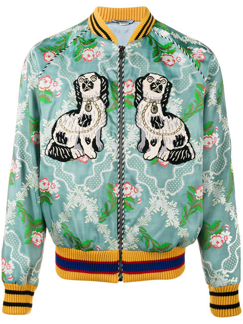 GUCCI Embroidered Jacquard Bomber Jacket, Blue in Light Blue | ModeSens