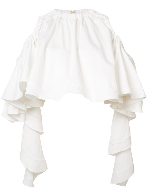 ELLERY Cold-Shoulder Ruffled Stretch-Cotton Poplin Top in White | ModeSens