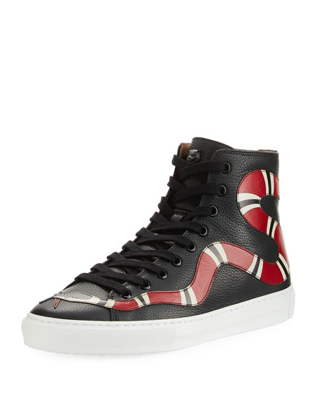 GUCCI SNAKE EMBROIDERED LEATHER HI-TOP SNEAKERS, BLACK | ModeSens