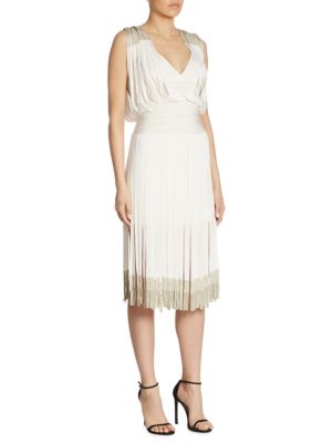 herve leger draped fringe deep square neck gown