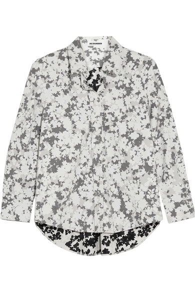 JIL SANDER Floral Double Printed Cotton Shirt in Black/White | ModeSens