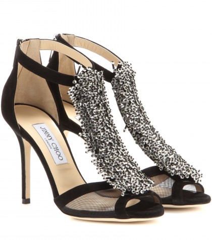 JIMMY CHOO FELINE BLACK SUEDE AND MESH SANDALS WITH BEADED DETAIL ...