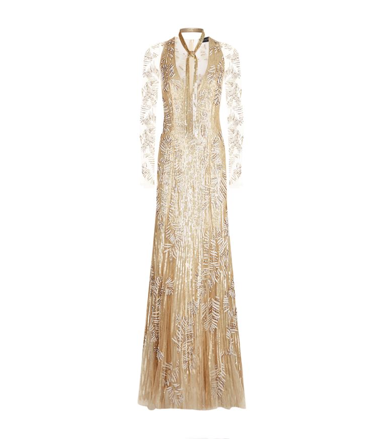 JENNY PACKHAM Deep V-Neck Sequin Gown in Gold | ModeSens