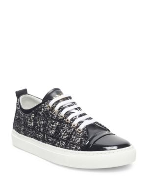 LANVIN VELVET AND PATENT LEATHER LOW TOP SNEAKERS, BLACK-WHITE | ModeSens