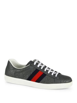 GUCCI NEW ACE LOW TOP LEATHER SNEAKERS, GREY | ModeSens