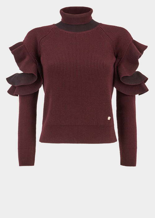 VERSACE WOOL TURTLENECK PULLOVER WITH CUT-OUT DETAIL, BURGUNDY | ModeSens