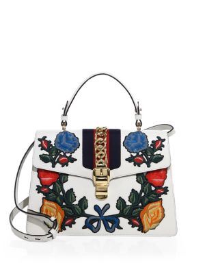 gucci white sylvie embroidered top handle price