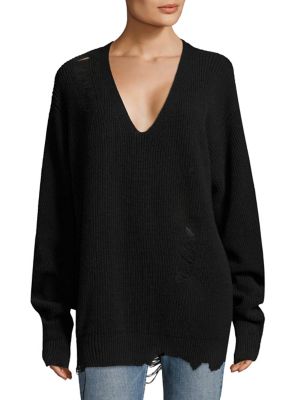 HELMUT LANG Distressed V-Neck Oversized Wool-Cashmere Sweater in Black ...