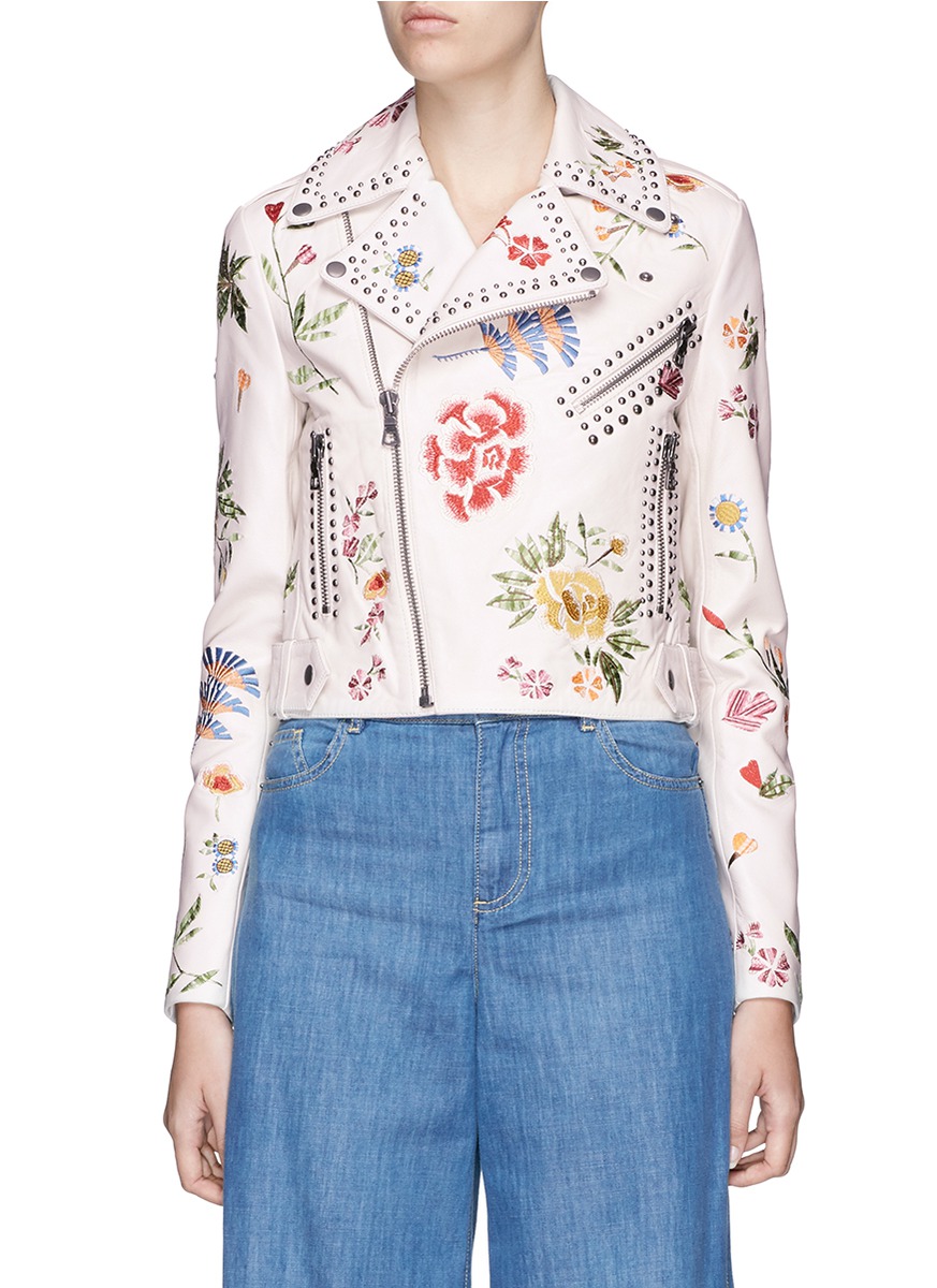 ALICE AND OLIVIA CODY EMBROIDERED STUDDED LEATHER JACKET, OFF WHITE ...