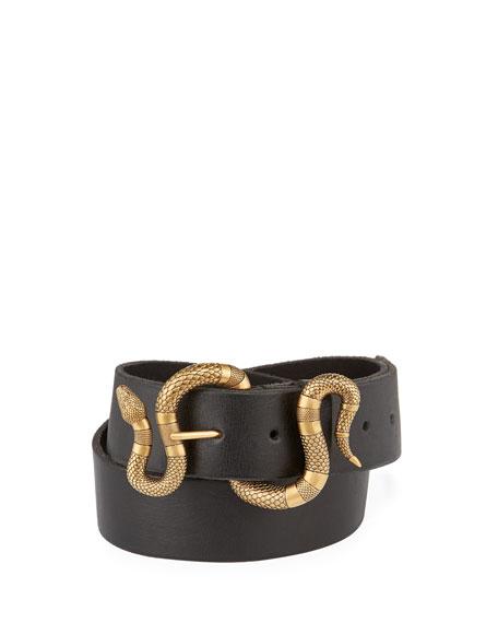 GUCCI LEATHER BELT WITH SNAKE BUCKLE, BLACK | ModeSens