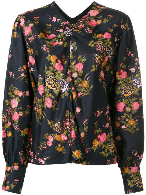 Isabel Marant Ovaly Ruched-Front Floral-Print Silk Top, Black | ModeSens