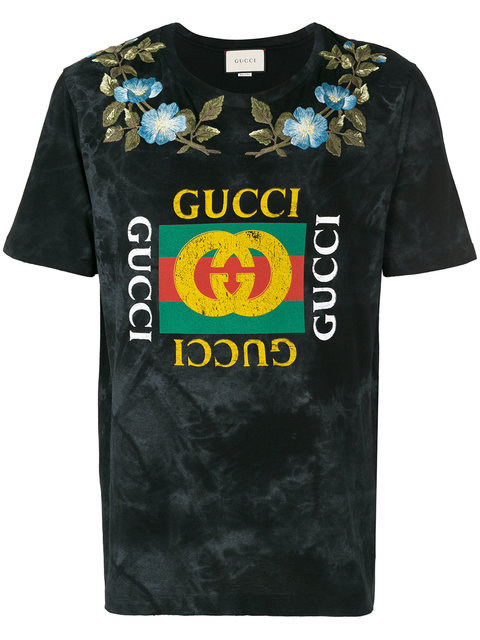 GUCCI T-SHIRT PURE COTTON T-SHIRT WITH LOGO PRINT AND FLORAL EMBROIDERY ...