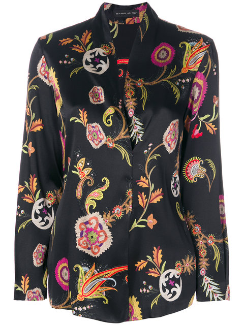 ETRO Silk Floral-Print Blouse in Black | ModeSens
