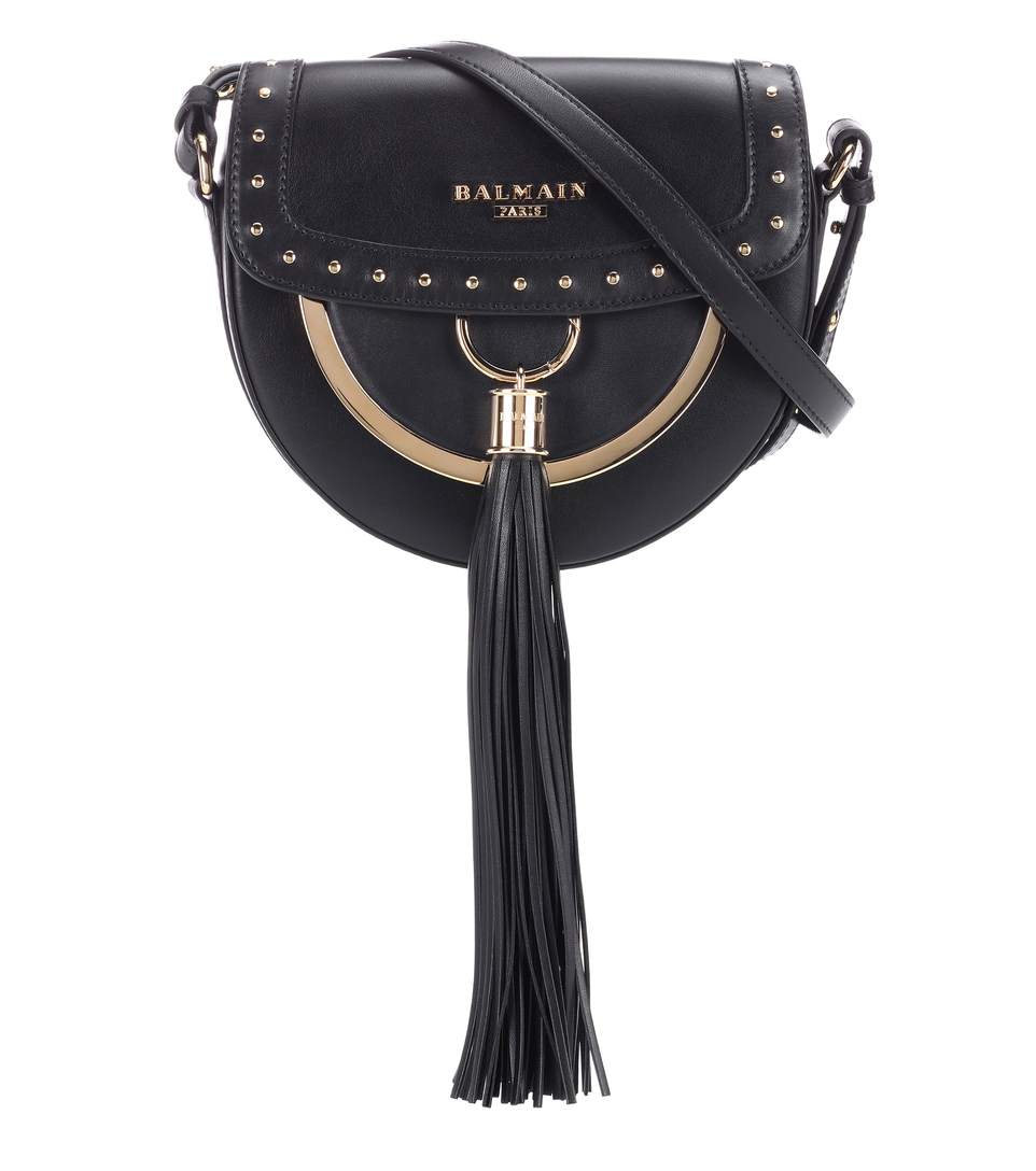 BALMAIN Domaine 18 Glove Black Leather Crossbody Bag W/Pompon And Studs