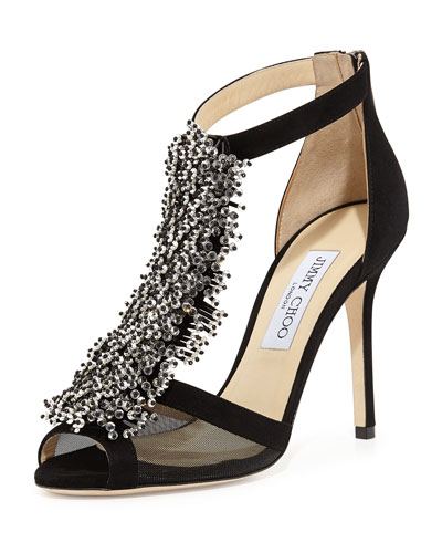 JIMMY CHOO FELINE BLACK SUEDE AND MESH SANDALS WITH BEADED DETAIL ...