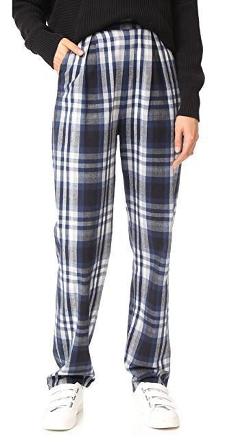 blue and white plaid pants