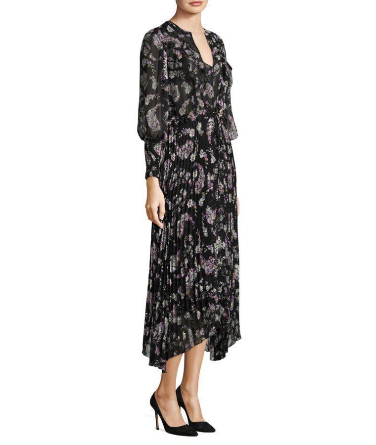 REBECCA TAYLOR SPLIT-NECK LONG-SLEEVE FLORAL-PRINT CHIFFON DRESS, BLACK ...